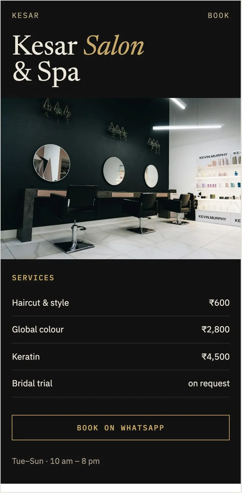 Sample website for Kesar Salon and Spa: black and gold design with services and prices